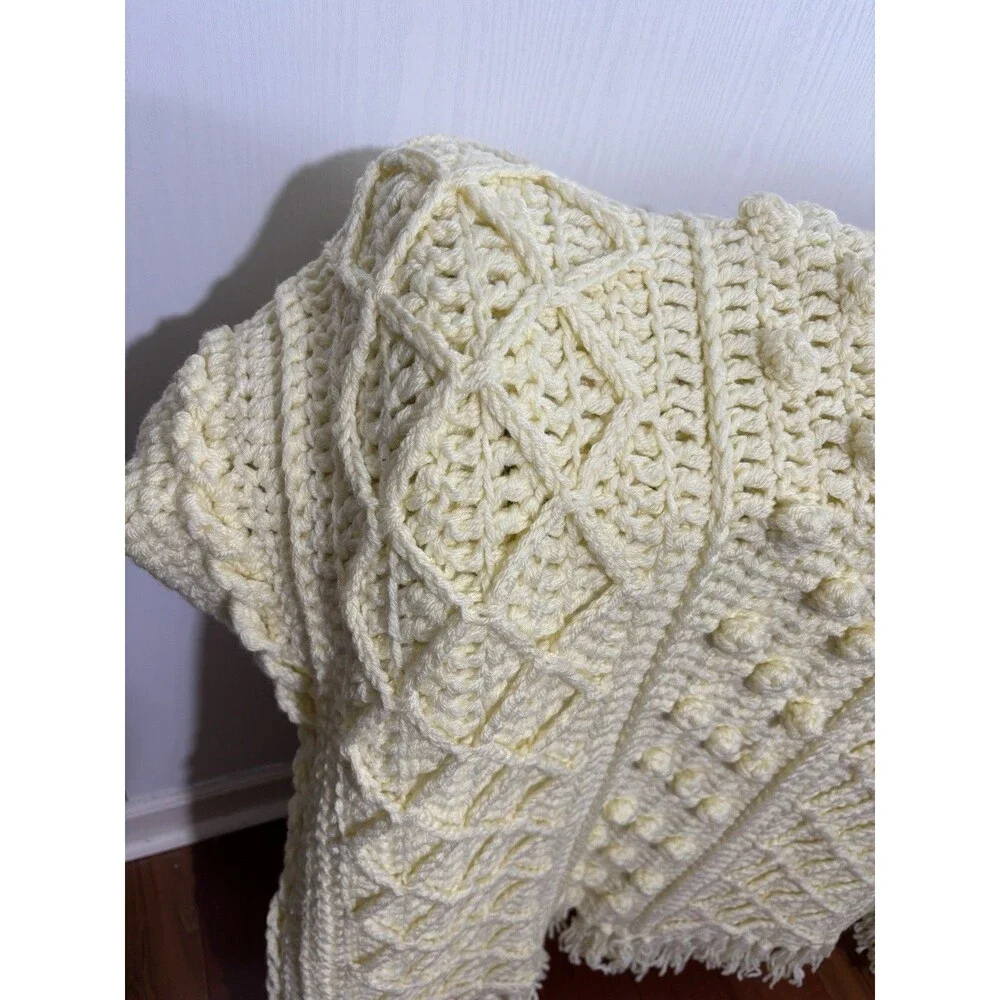 Crochet Afghan Throw Blanket Yellow 3D Nolan Aran Diamond Bobble Fringe Handmade